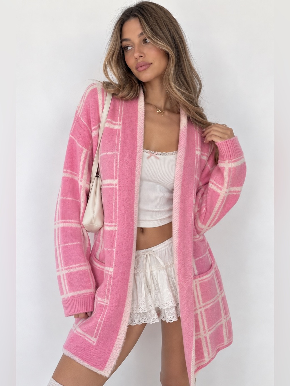 Coquette Princess Disney Pink Plaid Open-Front Cardigan Sweater